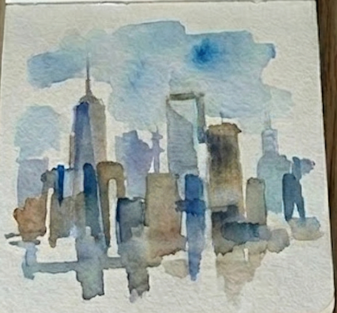 Step 3 of a cityscape watercolor painting pulling down soft water reflections.