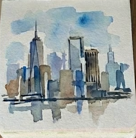 Final cityscape watercolor painting with crisp dark details and horizon contrast.