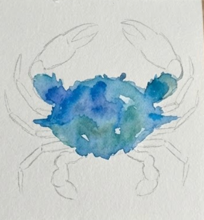 Watercolor illustration of a crab with blue and green coloration on a white background