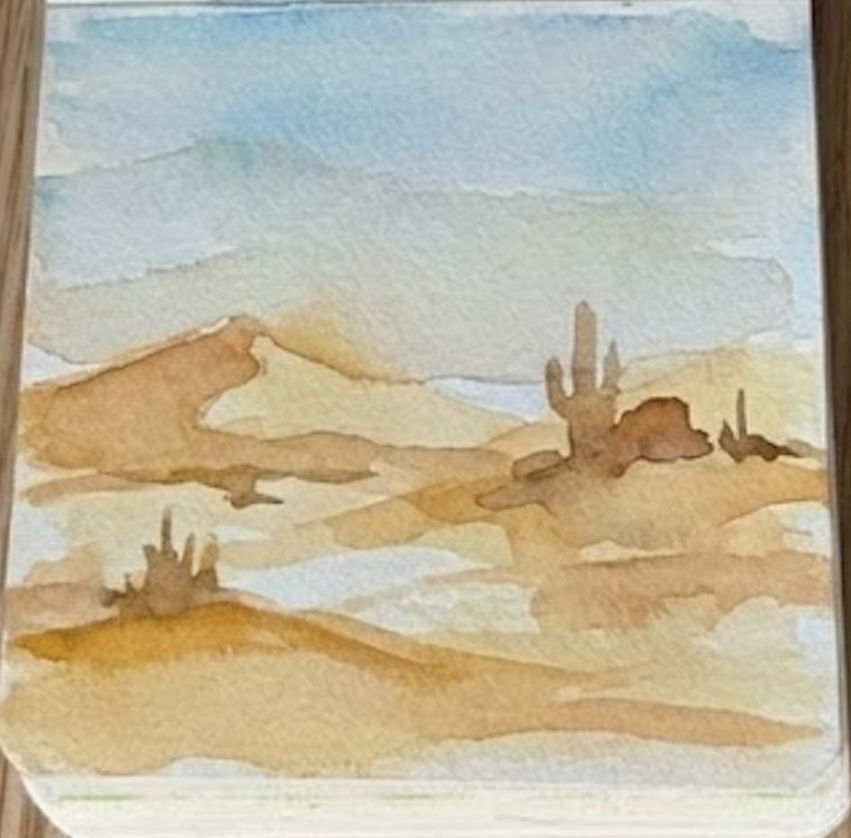Adding sketchy cacti details to finish a quick desert watercolor painting.