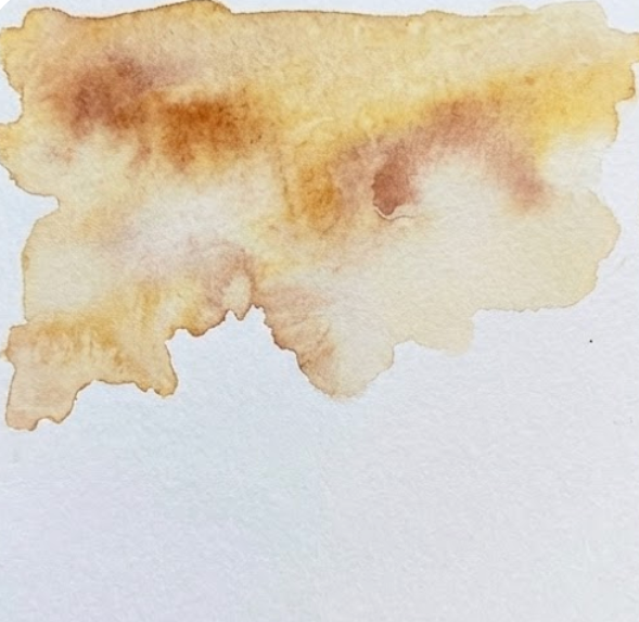Step 1 of a fall watercolor painting showing a loose, wet-on-wet sky wash blending Yellow Ochre and Burnt Sienna.