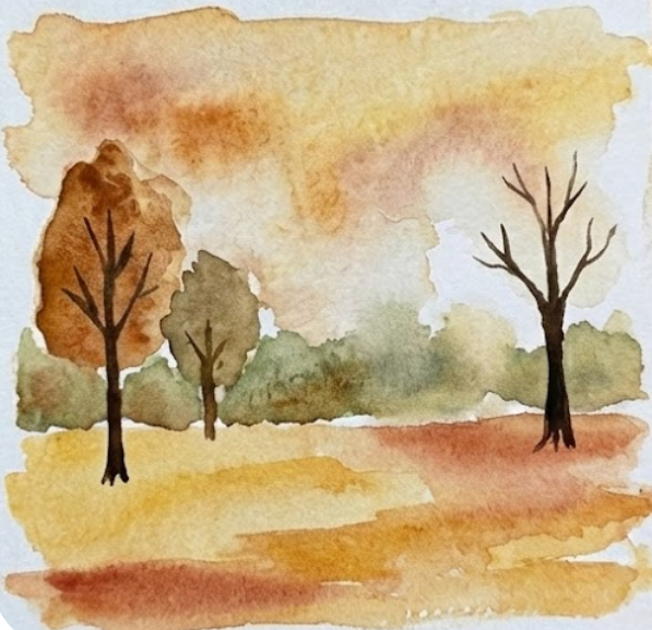 Step 3 of a fall watercolor painting featuring dark Burnt Umber tree trunks and branches painted over a dry background.