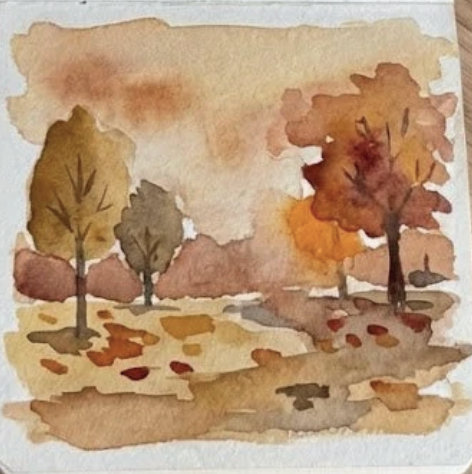 Final step of a loose fall watercolor painting completed with expressive rust-colored foliage textures and shadow details on the path.
