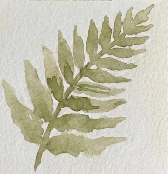 Step 2 watercolor fern painting adding solid, pale green sweeping leaflets along the curved central stem.