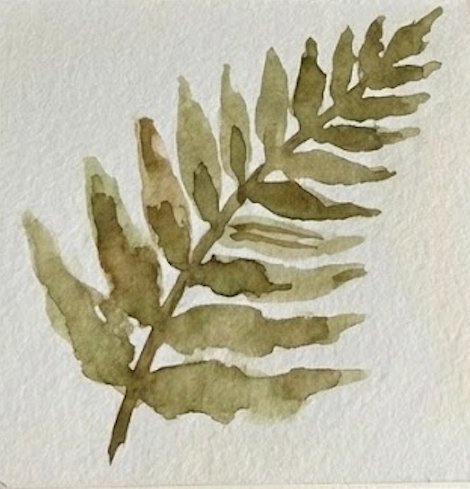 Final watercolor fern painting demonstrating a wet-in-wet technique with rich brown shadows and yellow ochre leaf tips.