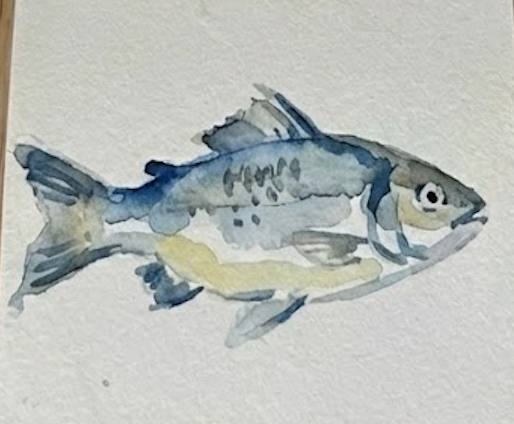 Final completed watercolor painting of a fish with dark indigo details and scales.
