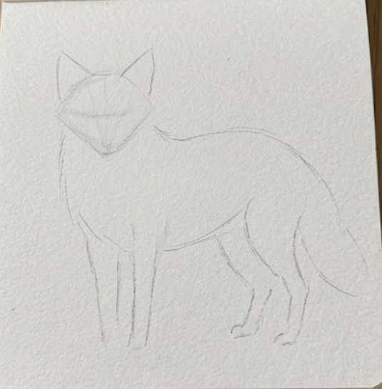 Pencil outline sketch on watercolor paper, step 1 of a fox watercolor painting tutorial.