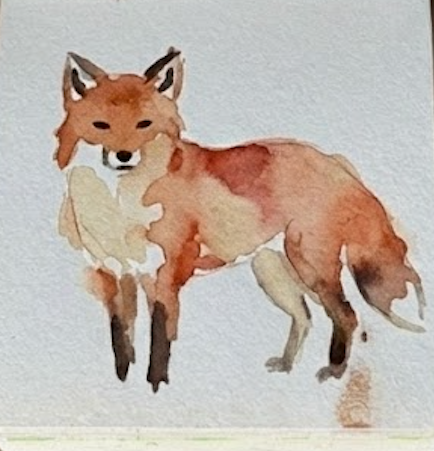 Completed loose fox watercolor painting in a sketchbook, showing final details on the eyes and nose in step 4.