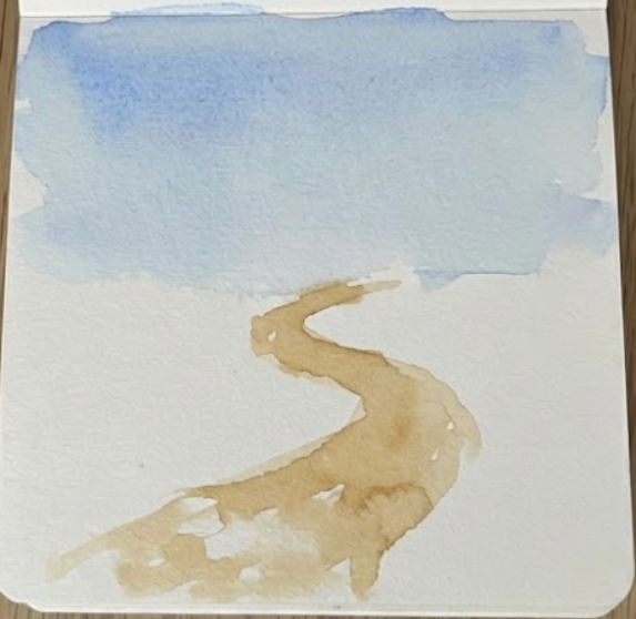 Step 1 watercolor tutorial: light blue sky and brown garden path wash.