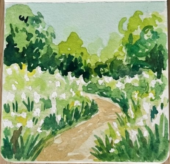 Step 2 watercolor garden: blocking in green bushes and grass foliage.