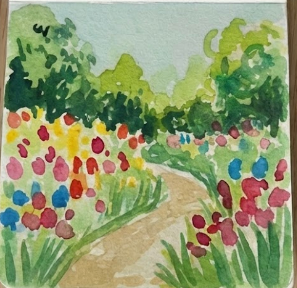 Step 3 watercolor landscape: painting colorful loose flowers along the path.