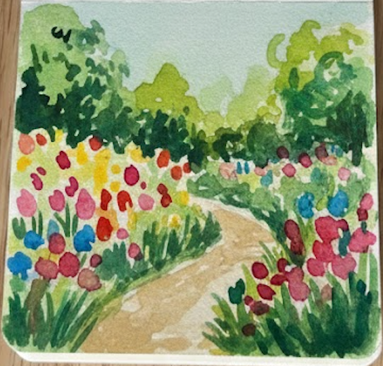 Finished watercolor landscape painting of a vibrant floral garden path.