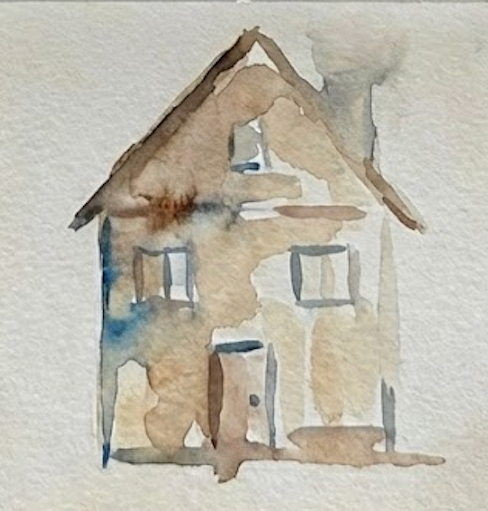 Watercolor painting of a house with a thatched roof on textured paper.