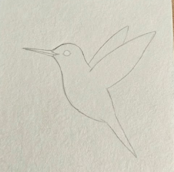 A simple pencil sketch of a hummingbird on 140lb watercolor paper showing basic teardrop and triangle shapes for a hummingbird watercolor painting tutorial.