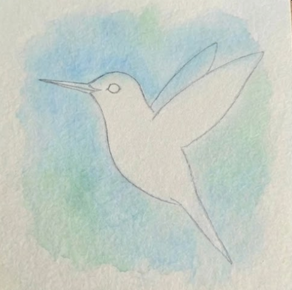 A loose Sky Blue atmospheric background wash applied around a pencil outline for an expressive hummingbird watercolor painting study.