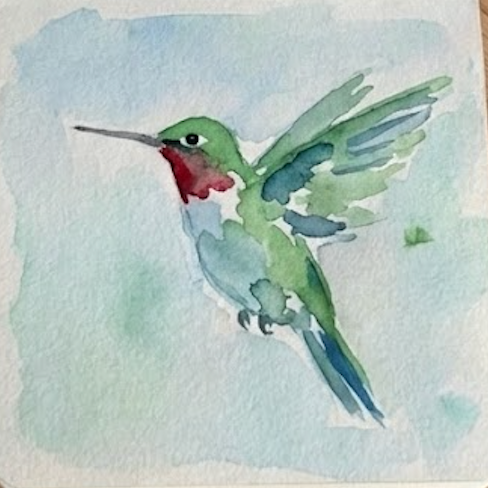 Final expressive hummingbird watercolor painting with Payne’s Gray beak and eye details, showcasing a loose and airy sketchbook style.