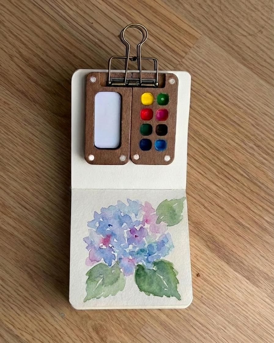 Tobio’s Kits hydrangea watercolor painting, painted in a small watercolor sketchbook with soft washes and simple details.