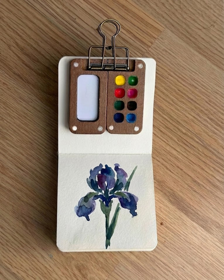 Tobio’s Kits iris watercolor paintings, painted in a small watercolor sketchbook with soft washes and simple details.