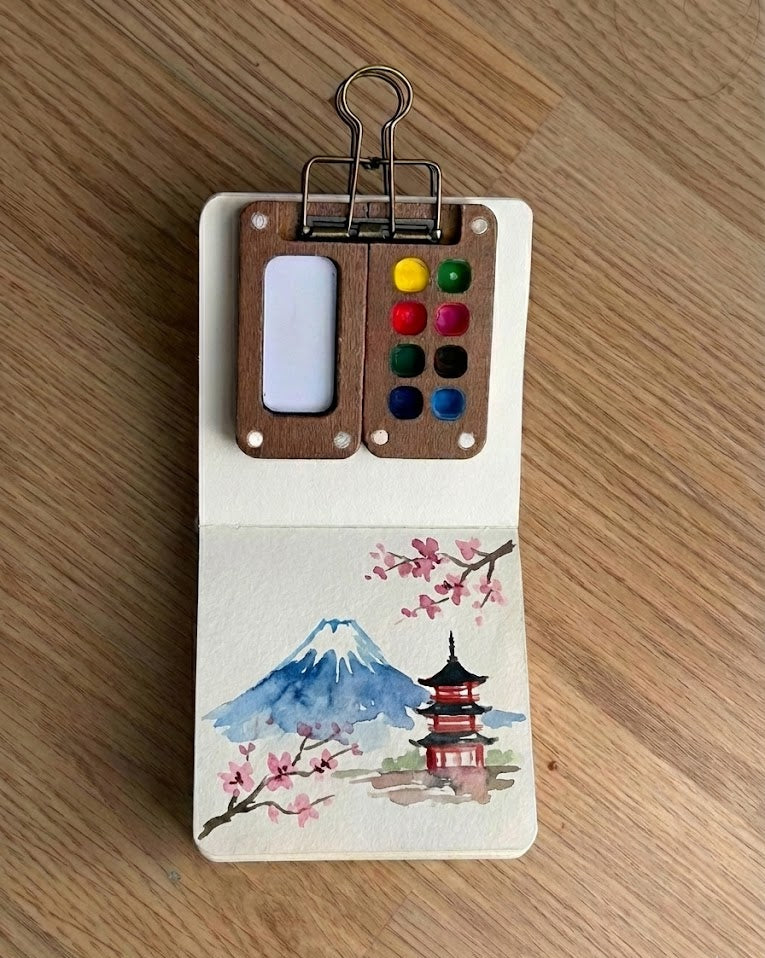 Tobio’s Kits Japanese style watercolor painting, featuring traditional motifs in a sketchbook.