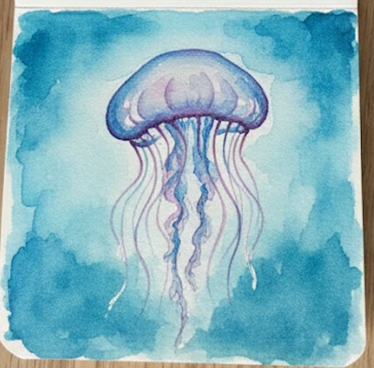 The completed jellyfish watercolor painting in a loose sketchbook style, featuring expressive, wobbly purple tentacles and a deep blue oceanic background.