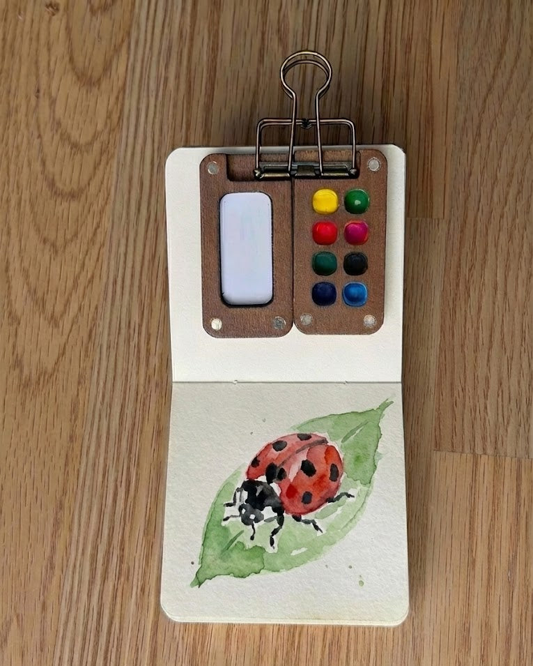 Tobio’s Kits ladybug watercolor painting, painted in a small watercolor sketchbook with soft washes and simple details.