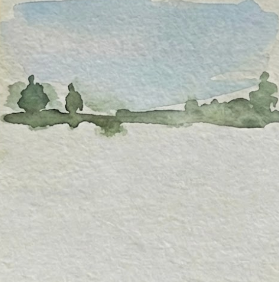 Watercolor painting of a landscape with trees and a blue sky.