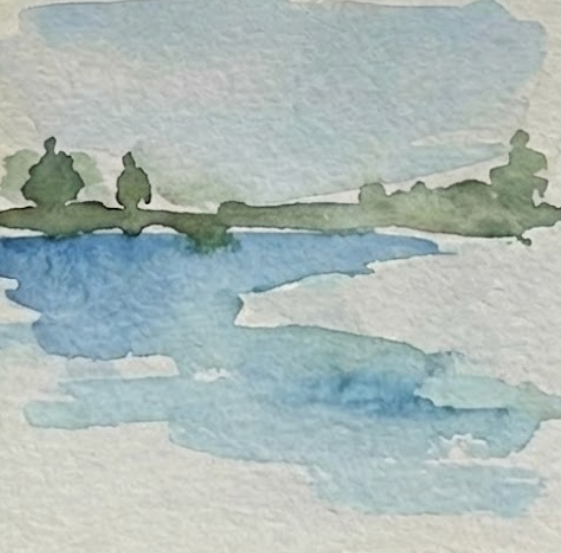 Watercolor painting of a lake with trees and water