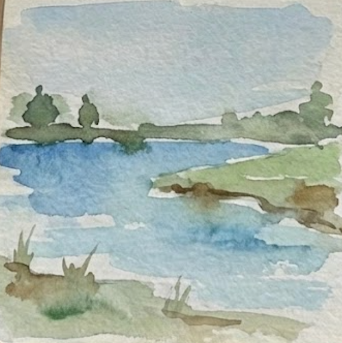 Watercolor painting of a lake with trees, sky, and water.