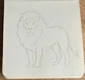 Pencil contour sketch of a standing lion in a small sketchbook, showing step one of a lion watercolor painting.
