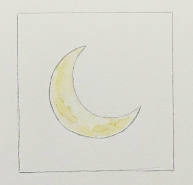 Minimalist yellow watercolor crescent moon sketch centered on plain white paper.