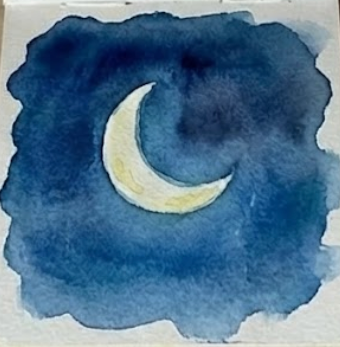 Watercolor painting of a crescent moon on a blue background