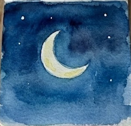 Watercolor painting of a crescent moon and stars on a blue night sky background