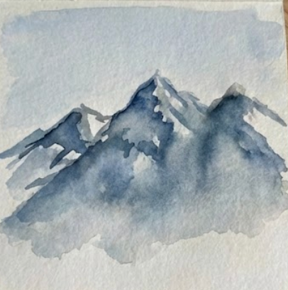 Watercolor painting of mountains with a light blue sky background