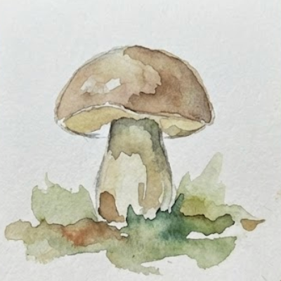 Completed watercolor painting of a brown mushroom on a loose green forest floor in a sketchbook.