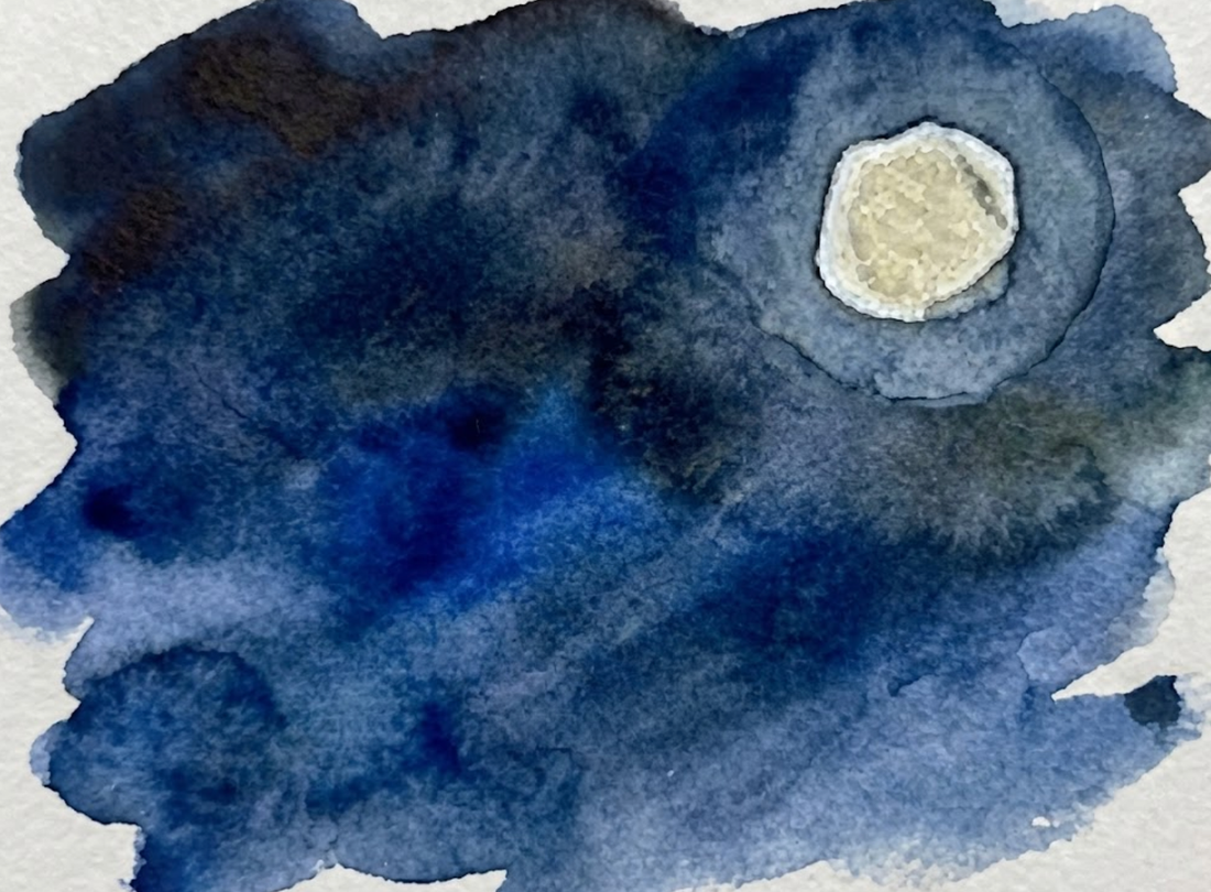 Abstract watercolor design with blue and black colors on a white background