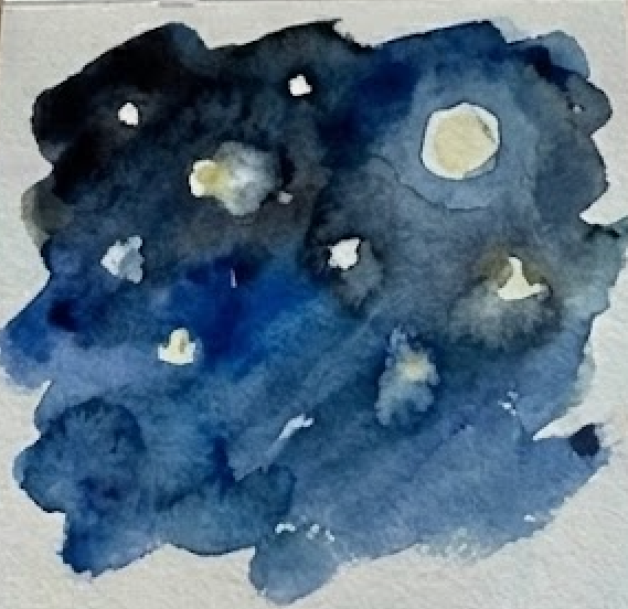 Watercolor painting of a night sky with blue and black strokes on a textured white background