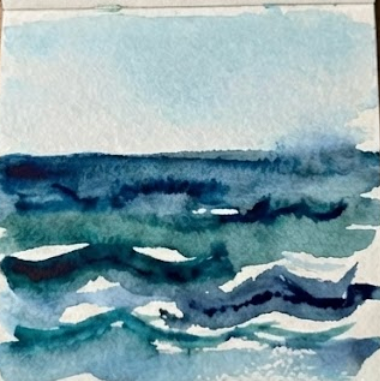 Watercolor painting of a ocean with blue waves