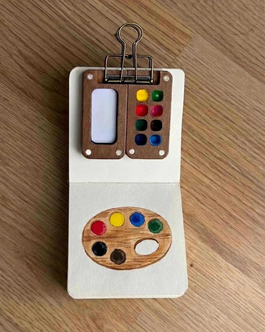 Tobio’s Kits watercolor paint tray, showing a variety of colors in a small watercolor sketchbook setting.
