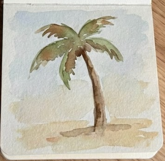 Completed expressive palm tree watercolor painting in a sketchbook, showing added depth and details on the fronds and trunk base.
