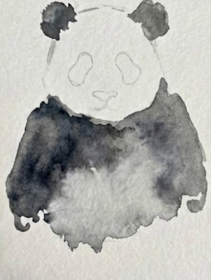 Abstract black and white painting of a panda bear