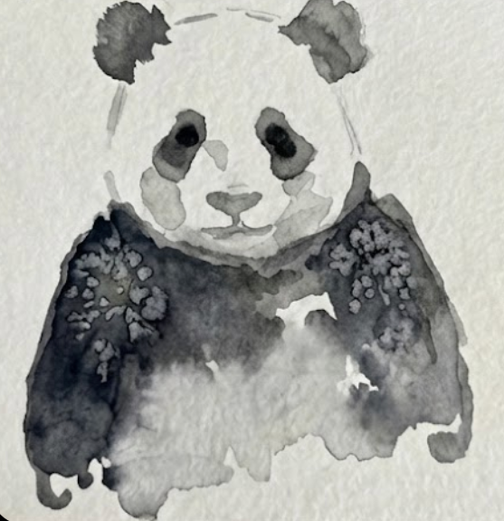 Watercolor painting of a panda bear on a light gray background
