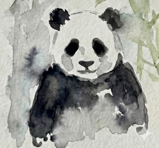 Watercolor painting of a panda bear on a textured white background