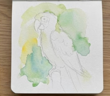Watercolor painting of a parrot with green and yellow hues on a white background