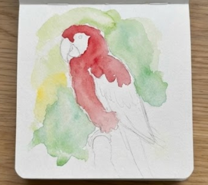Watercolor painting of a parrot on a splashed green background