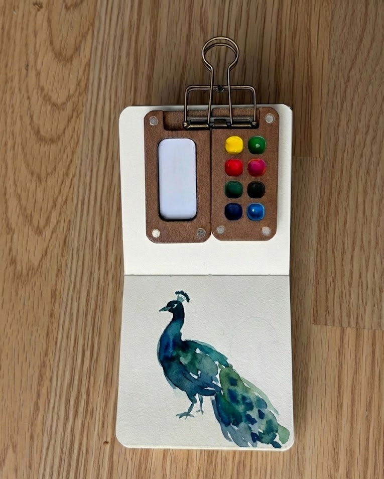 Tobio’s Kits peacock watercolor painting, painted in a small watercolor sketchbook with soft washes and simple details.