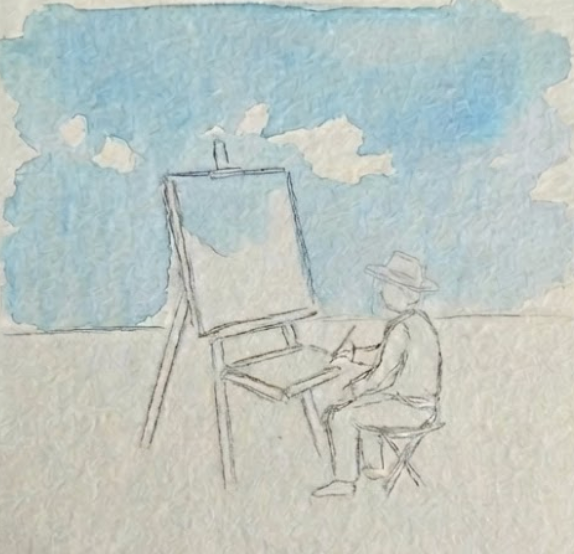 A plein air watercolor painting of an artist in a hat sitting at an easel within a grassy field under a bright, cloud-dotted sky.