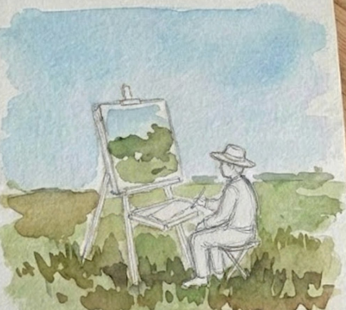 A watercolor painting of a plein air artist, wearing a hat, seated at an easel and painting in a grassy field under a blue sky.