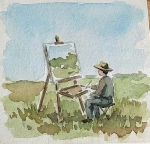 A completed plein air watercolor painting of an artist in a hat sitting at an easel, painting a lush green meadow under a soft, expansive blue sky.