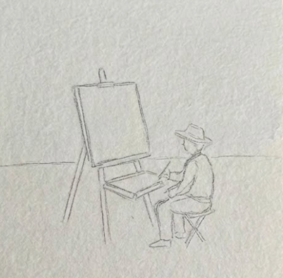 Simplified line drawing of a person sitting at an easel with a blank canvas on a textured light gray background.