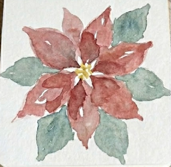 Full watercolor poinsettia with surrounding sage-green foliage on textured paper.